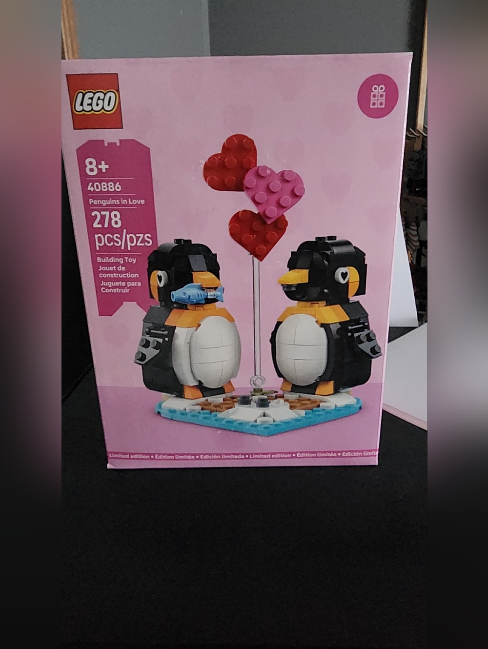 Lego Penguins Display with Pink and Red Hearts
